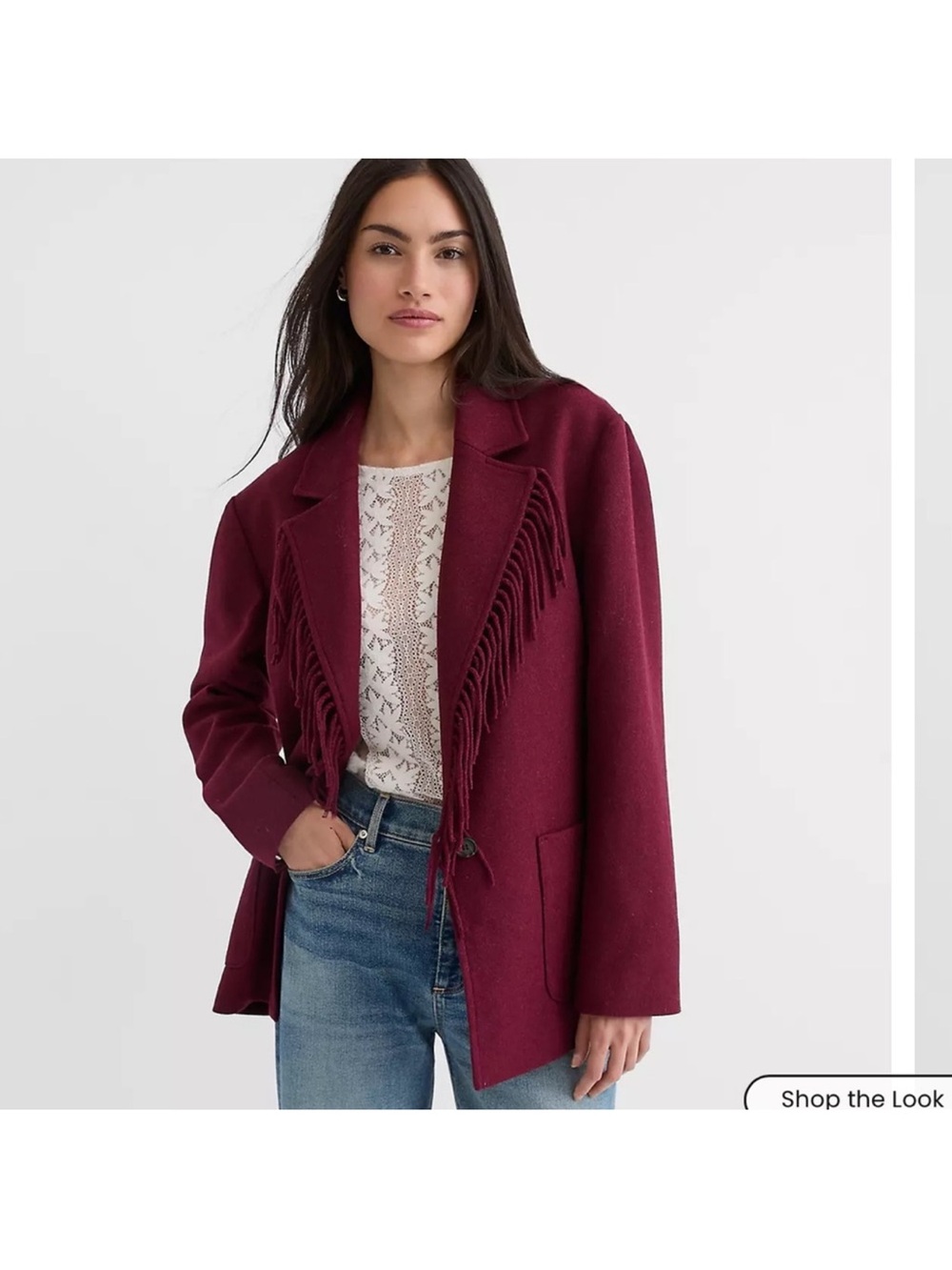 Loft Fringe-Trim Wool-Blend Blazer Jacket in Burgundy L, NWT